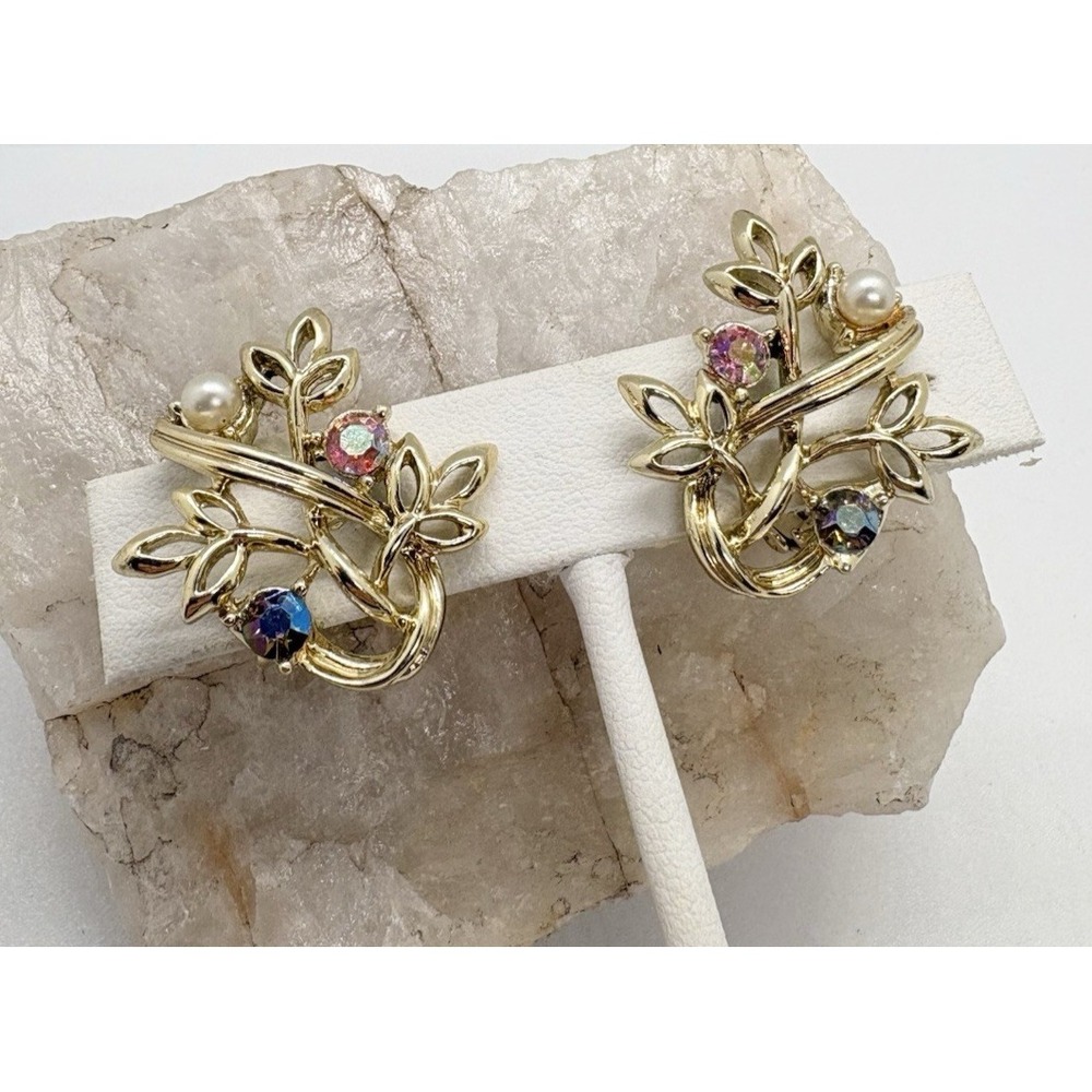 Vintage Coro Signed Gold Tone Faux Pearl Rhinestone Clip On Earrings 1960s Retro